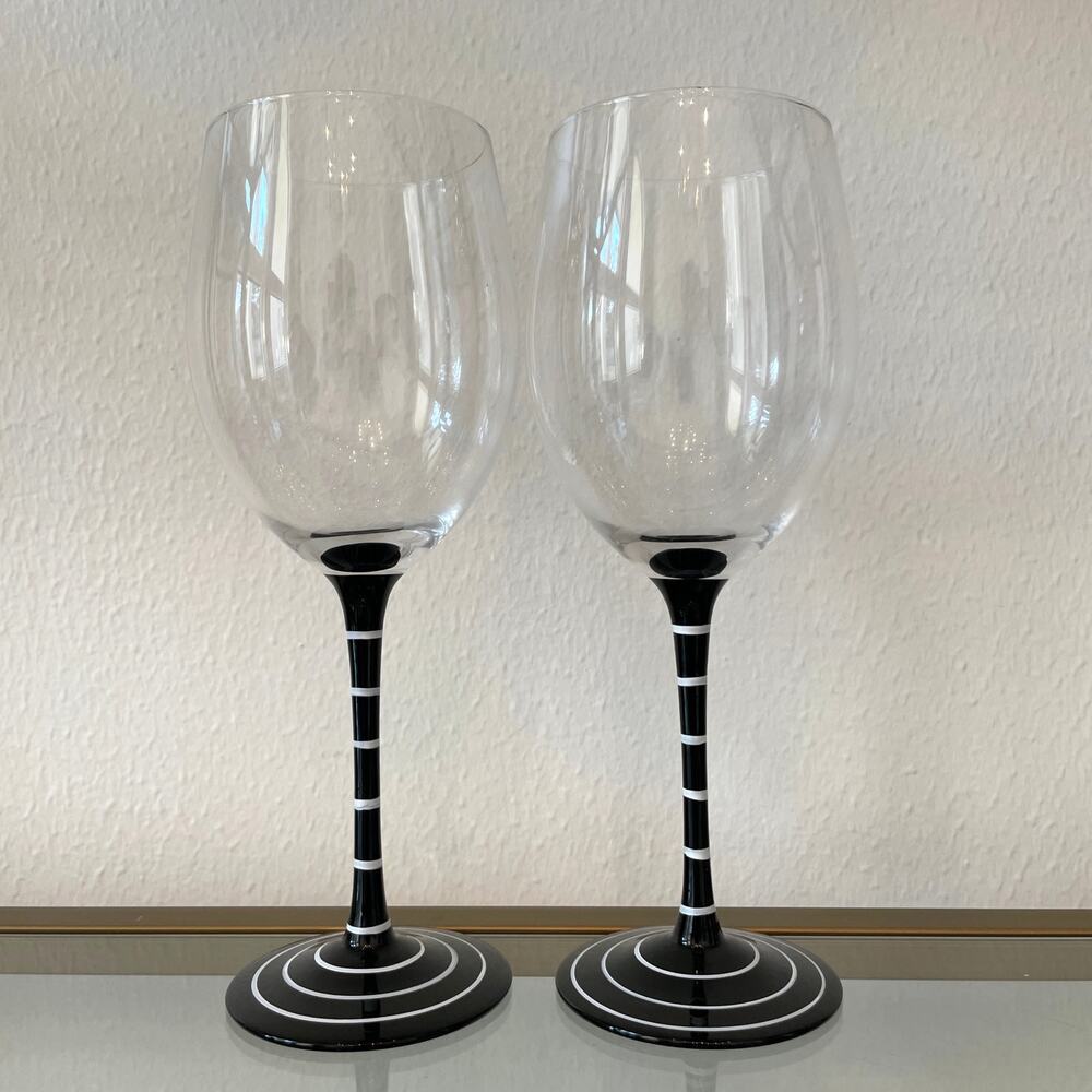 Set of 2 Chic Black & White Striped Long Stem Wine Glasses 11oz New